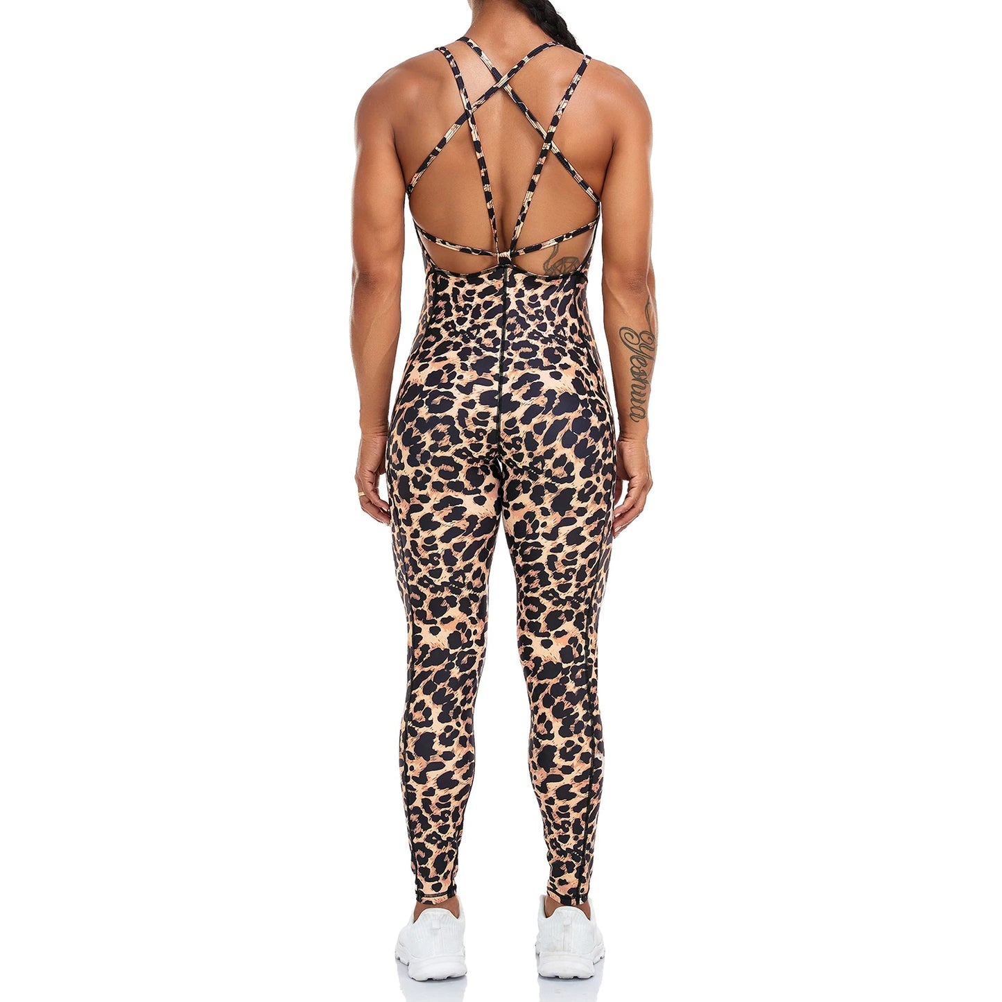 Big Lift Fitness Leopard Print Jumpsuit with Crossover Straps