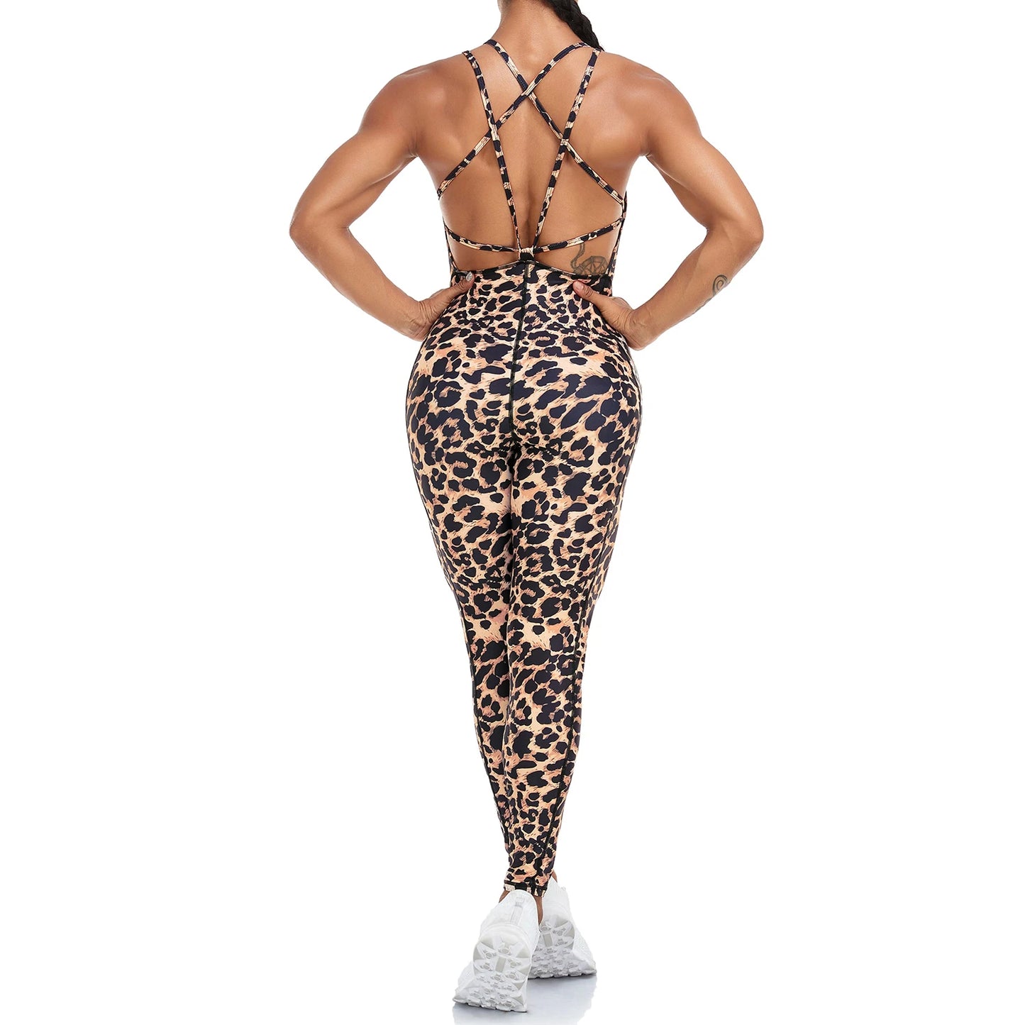 Big Lift Fitness Leopard Print Jumpsuit with Crossover Straps